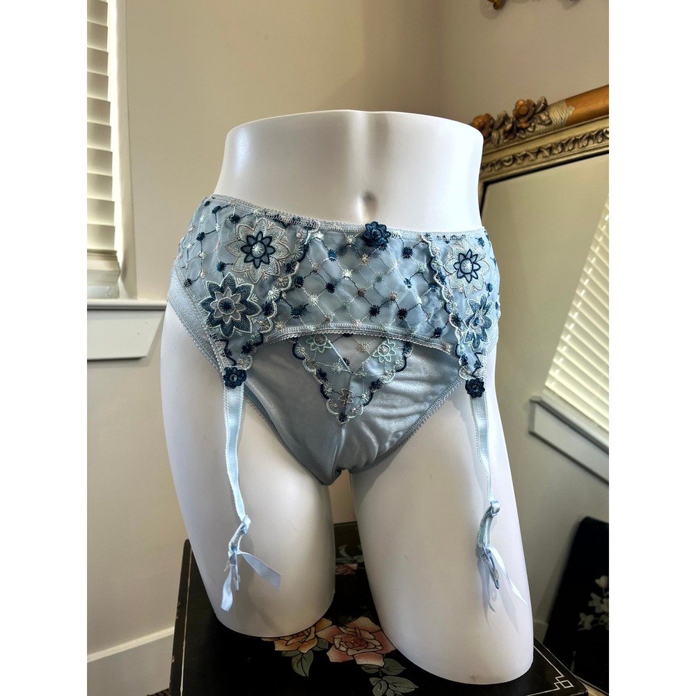 Freya by Fantasie England Blue Shimmer Floral Embroidered Garter Belt Panty L